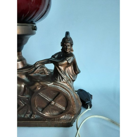 RARE Vtg Roman Gladiator Chariot Lamp Brown Patina Cast Iron Red Shade chip - Picture 7 of 12